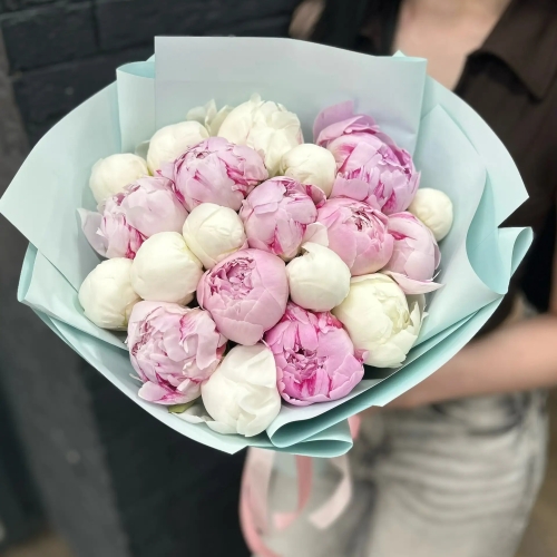 Микс из 19 бело-розовых пионов в Люберцах